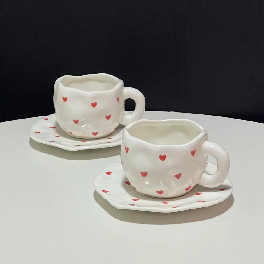 Cute Hand Pinch Irregular Painted Small Red Love Coffee Cup Plate Underglaze Ceramic Afternoon Tea Cup Plate Set