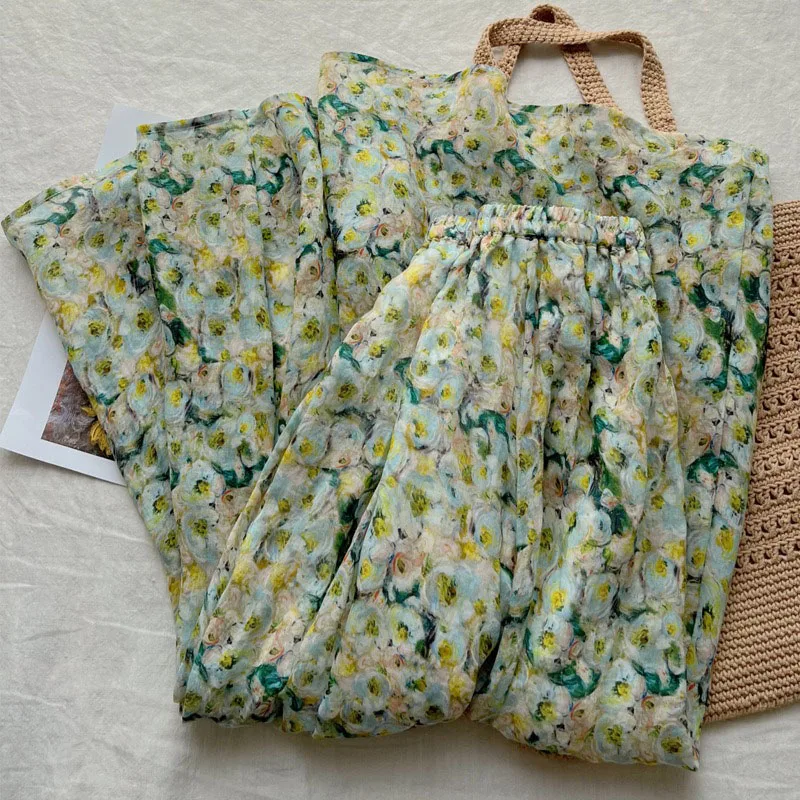 

DongCMY 2025 Summer New Flower Field Oil Painting Vertical A Word Long Skirt Thin Green Floral Skirt