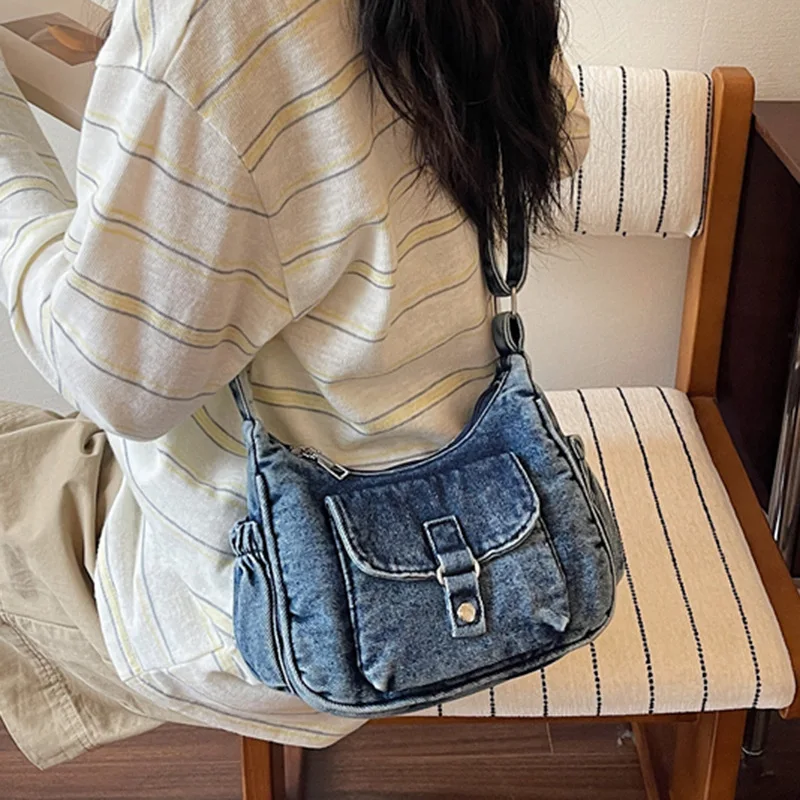 Vintage Trendy Denim Shoulder Bags for Women Outdoor Sports Ladies Crossbody Bag Simple Thread Design Female Phone Handbags