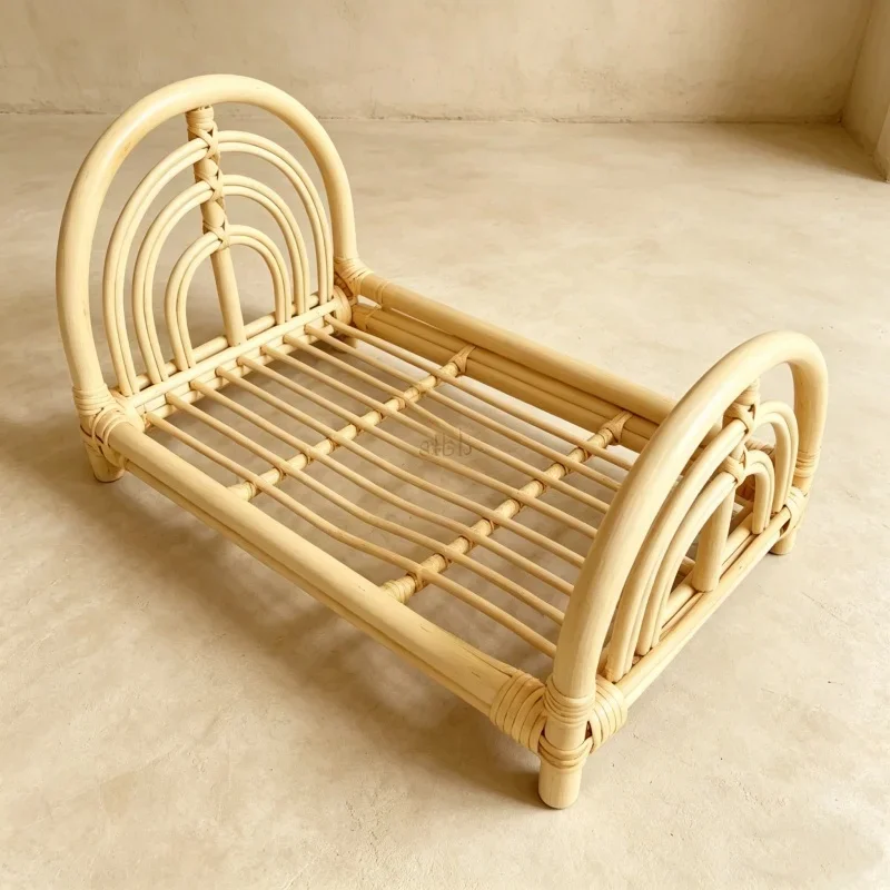 Rattan Weaving Baby Basket Wooden Crib Bed Newborn Photography Props Infant Studio Shooting Furniture Posing Background Decor