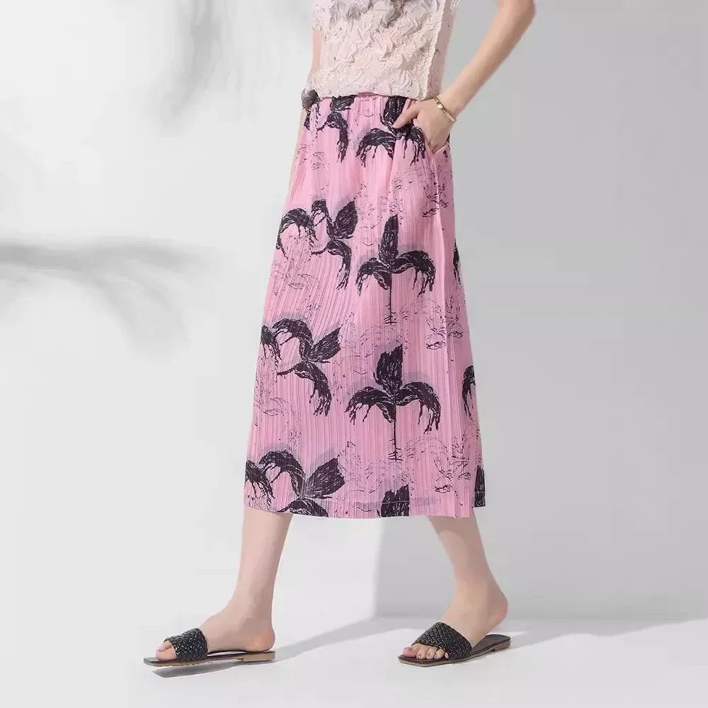 Miyake Fashion Casual Pleated Printed Aesthetic Skirt Japanese and Korean Loose Holiday Style Light and Elegant Skirt