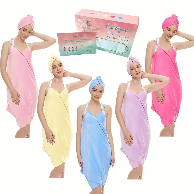 

2 Pcs Multi-Color Women's Wearable Shower Skirt & Dry Hair Cap Set - Soft Comfortable Bath Essentials, Must-Have Household.