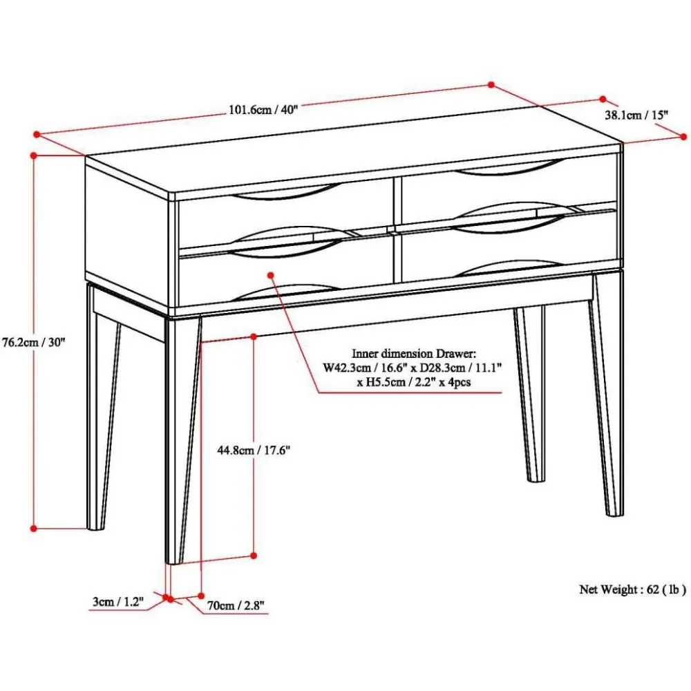 40 Inch Breed Midden Eeuw Moderne Hal Console Bank Entree Tafel In Walnootbruin Met Opslag, 4 Laden, Voor De Woonkamer