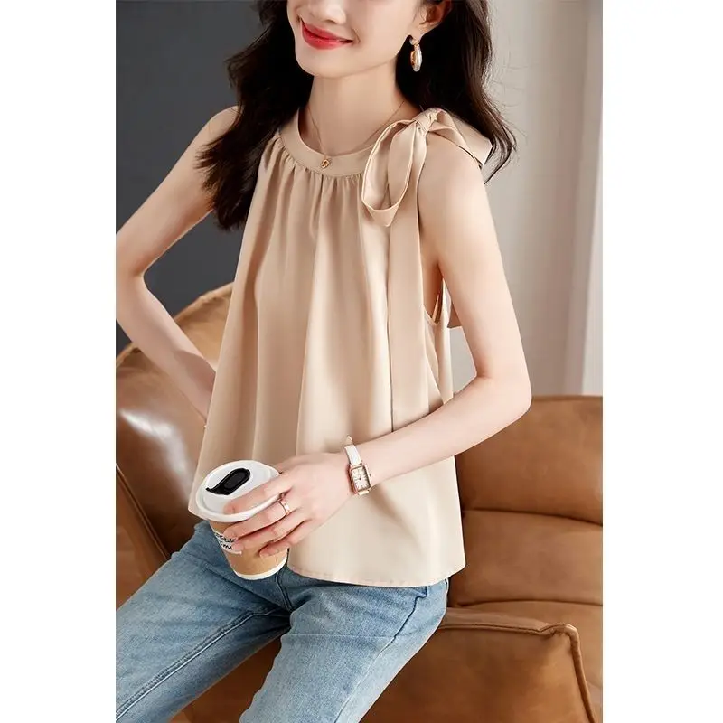 Fashion Chiffon Shirt Tops Summer New Sleeveless Solid Color Bandage Solid Loose Sweet Blouse Elegant Temperament Women Clothing