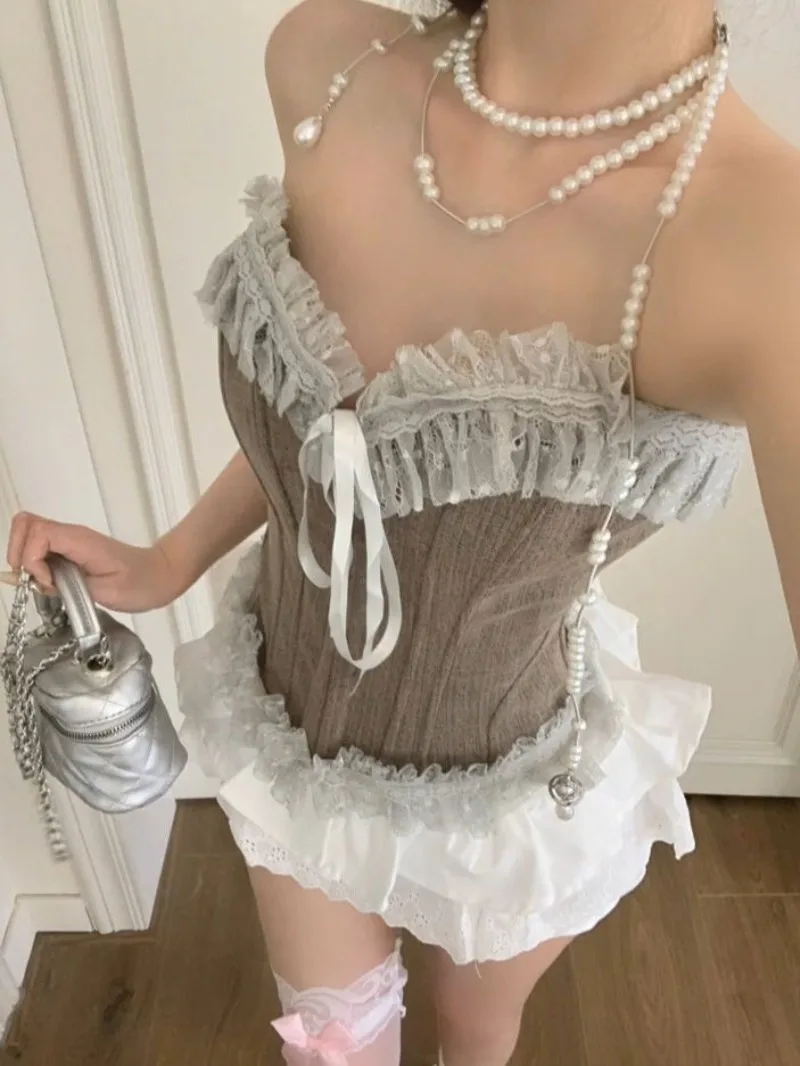 

Summer Japanese Sweet Sexy Style Suits Women Lace Bow Tube Top + Short Cake Skirt New Stitching Fashion Slim Two Piece Set 2025