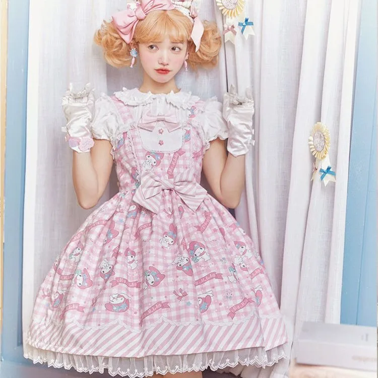 Harajuku Kawaii Lolita Dress for Women Sweet Funny Cartoon Print Strap Dresses Y2k E-Girl Slim Waist Bow Vestidos Mujer