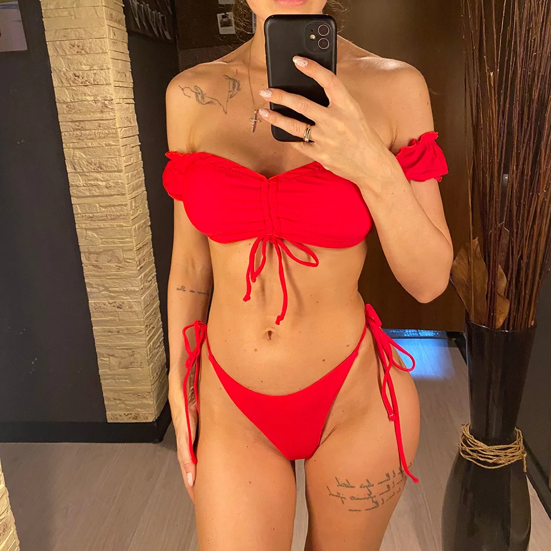 Schulterfreier, hoch geschnittener Bikini mit Scrunch-Effekt am Po, Damen-Badeanzug, zweiteiliges Bikini-Set, Badebekleidung, Badeanzug, Schwimmbikini V6126 – Detail 2