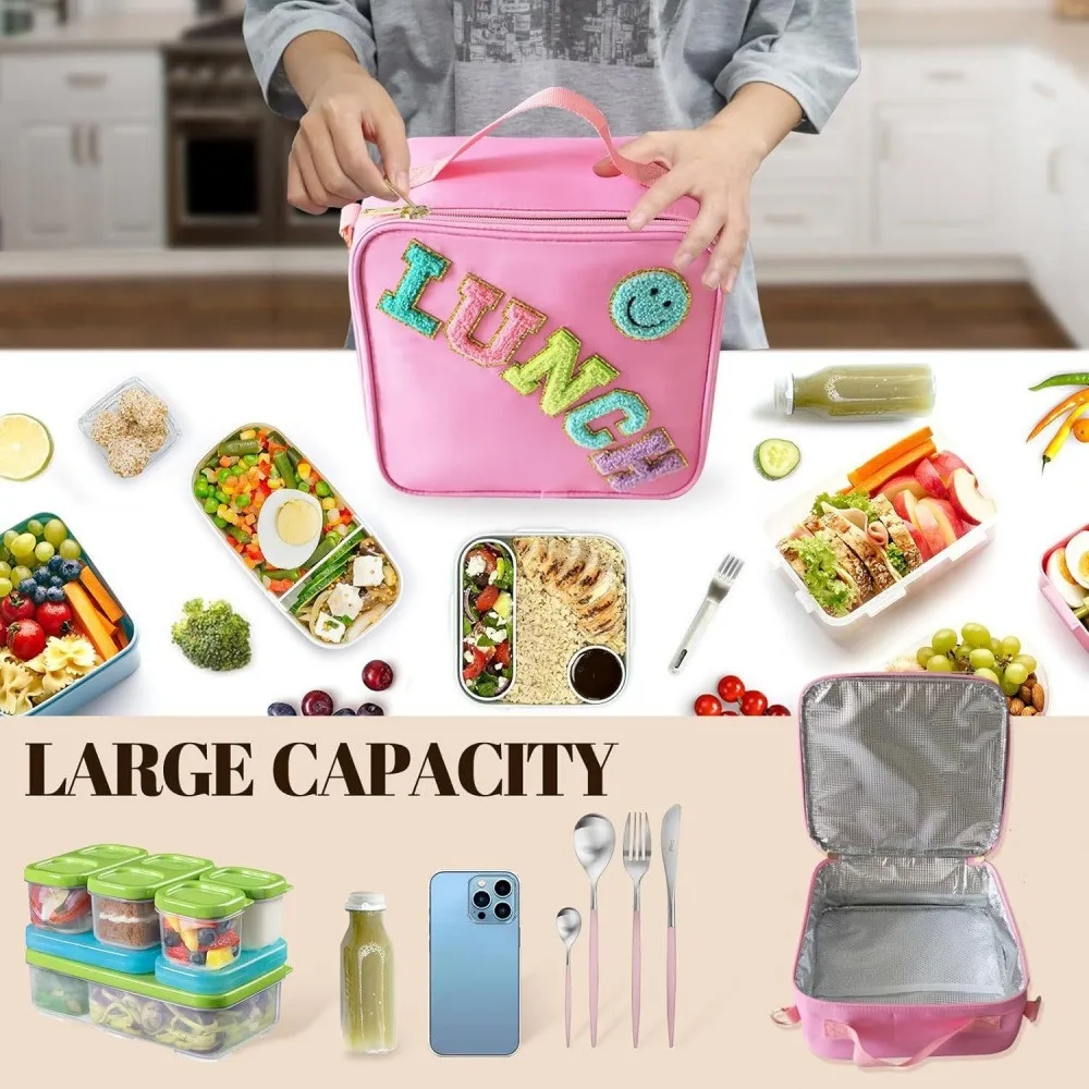 Isolierte Lunch-Tasche mit Smiley-Stickerei, Umhängetasche und tragbare Mehrzweck-Lunch-Tasche für Studenten, große Kapazität, wasserdicht. – Detail 2