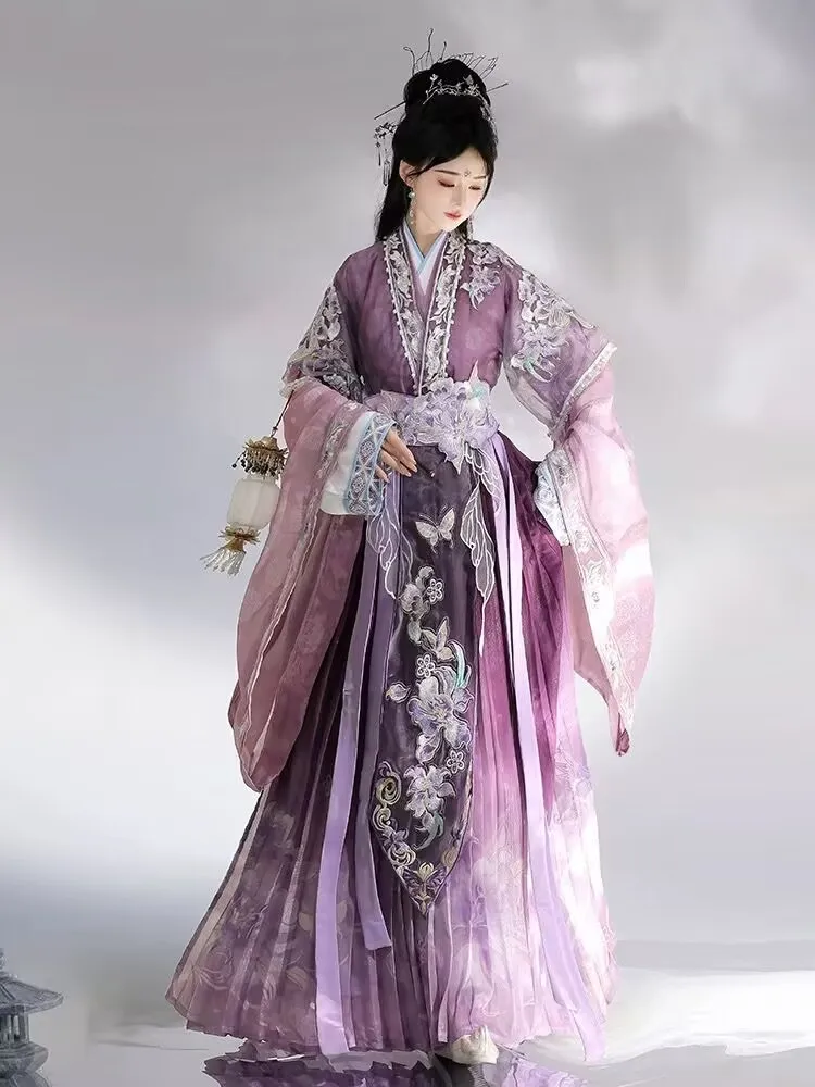 Gaun Cina untuk Wanita Kostum Cosplay Peri Wanita Hanfu Ungu Bordir Tradisional Kuno Gaun Hanfu untuk Pesta S M L
