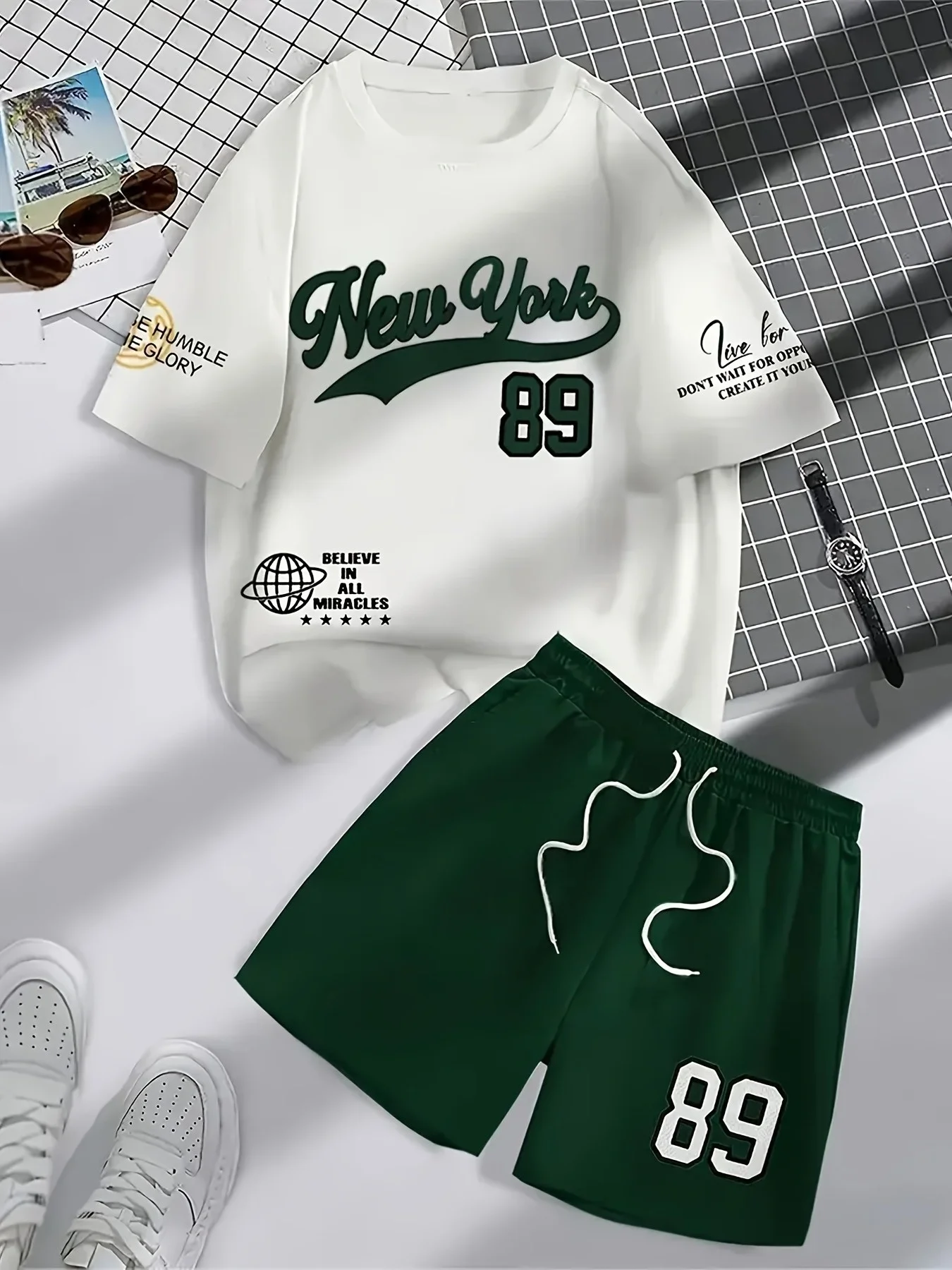 Men's stylish crew-neck T-shirt and shorts set featuring 
