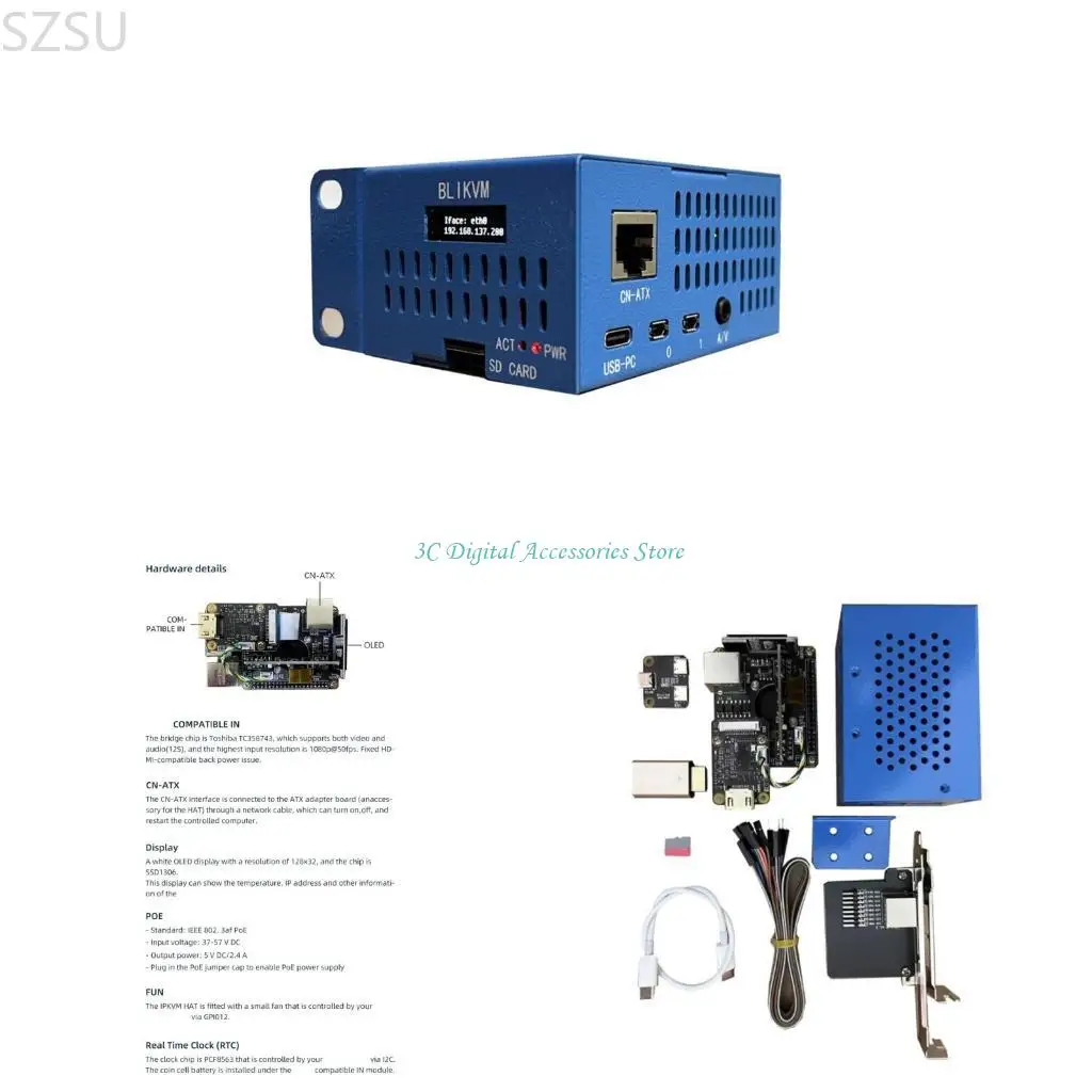 SZSU BliKVM HAT Server KVM 1080P with Metal Blue Case O & M KVM Remote Controllers