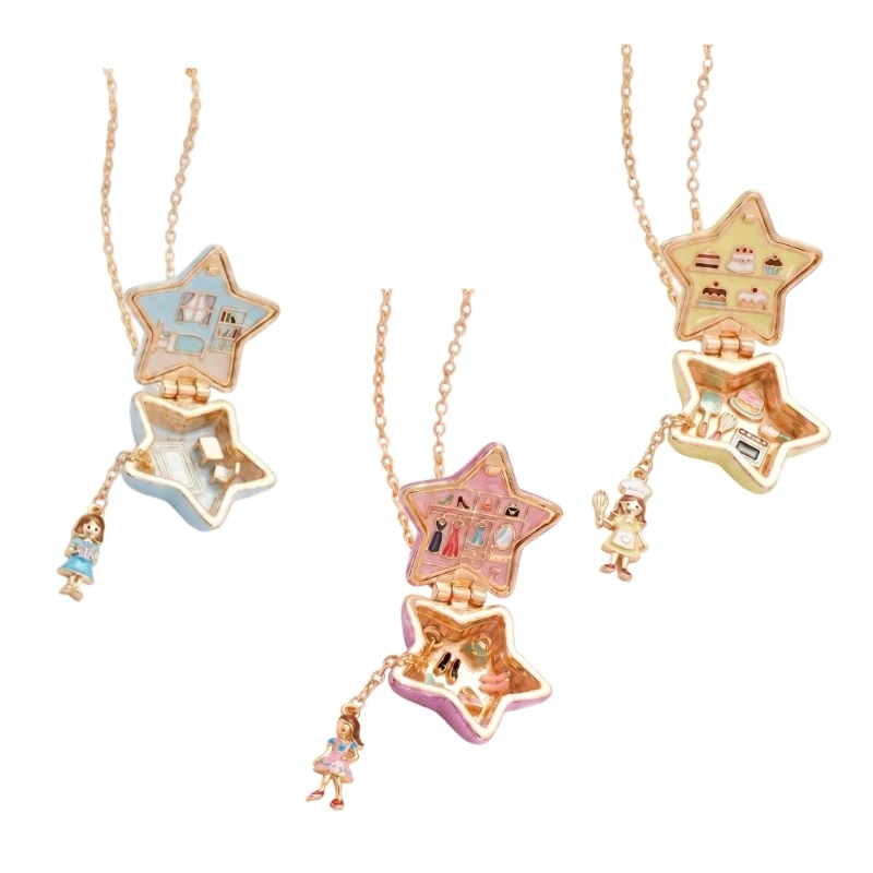 CORD Openable Pendant Necklace with Opening Star Charm, Gold Tone Frame Collarbone Chain for Daily Wear and Gift Use