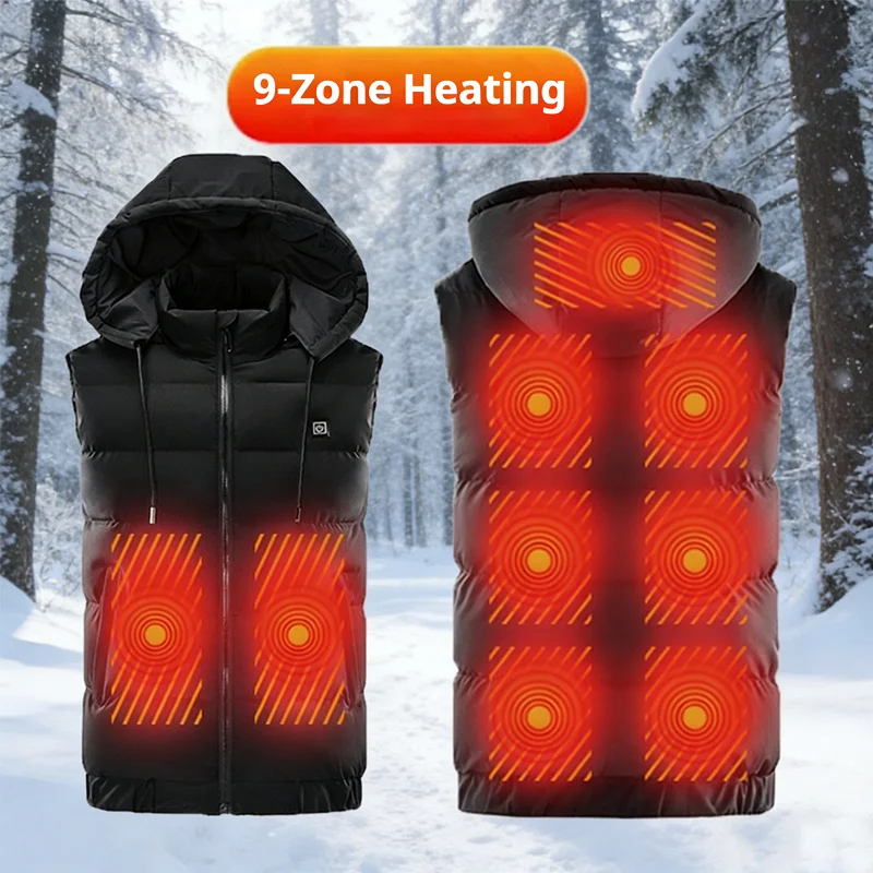 Hooded Intelligent Heated Vest Men's 9 Zones Heating Thickened Winter Warm Outdoor Thermal Japanese Style Electric Vest