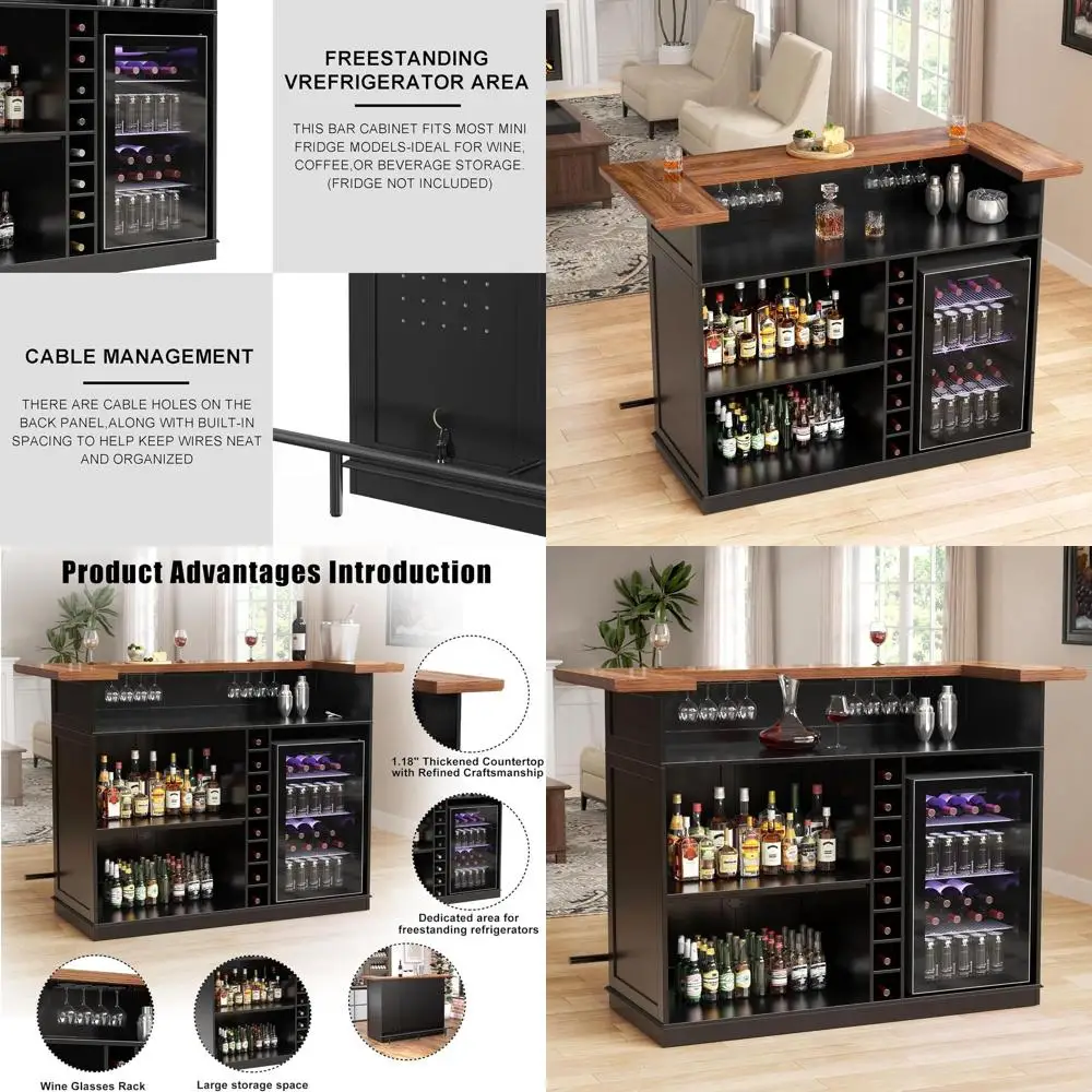 

Барная стойка для дома с местом для холодильника, U-образный шкаф для алкоголя и вина, мини-барный стол 63,1 дюйма с местом для хранения для подвала или гостиной