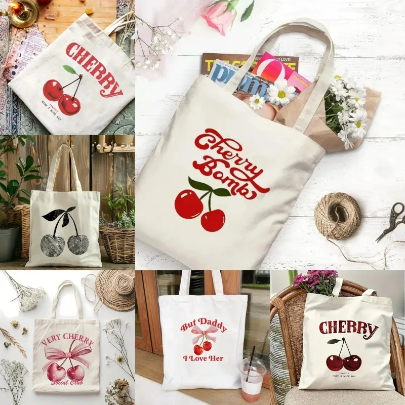 

Забавная эстетичная холщовая сумка с вишневым принтом, женская модная портативная многоразовая экологически чистая красная повседневная сумка для покупок