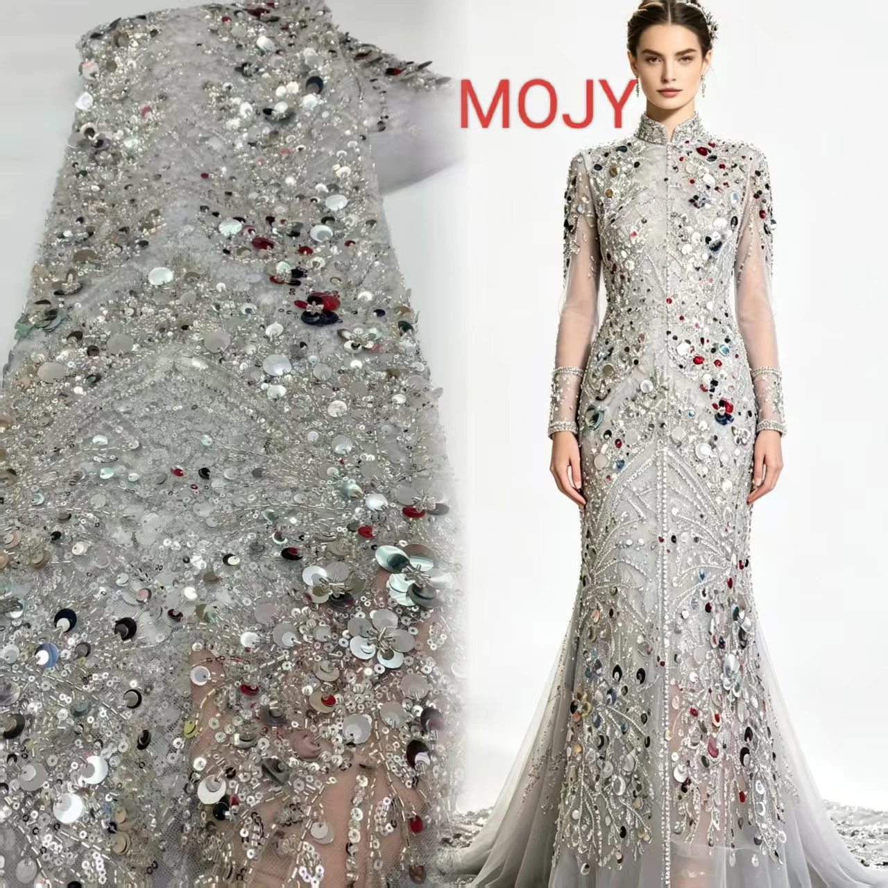 Silver Heavy Beaded Sequin Tulle Fabric Embroidery Mesh Material For Evening Gown African Wedding Party Dress Sewing DIY