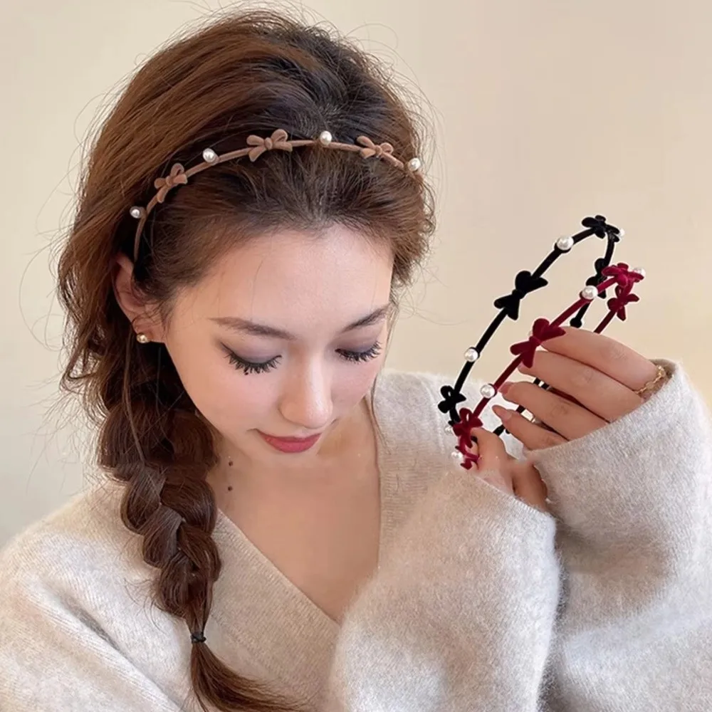 

Elegant Pearl Bow Hairband Alloy Thin Flower Headband Korean Style Fairy Women Hair Hoop Headdress