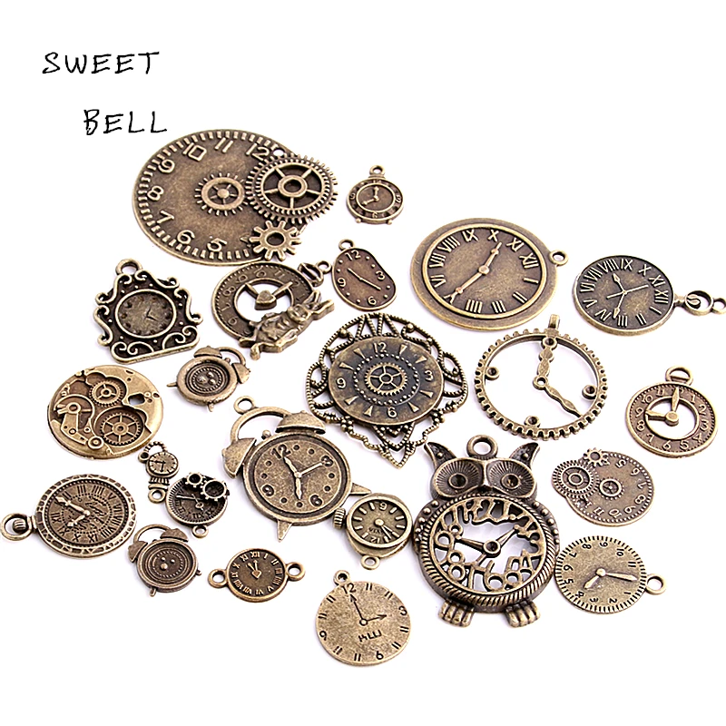 SWEET BELL 20pcs 2 Color Vintage Metal Zinc Alloy Mixed Clock Pendant Charms Steampunk Clock Charms For Diy Jewelry Making