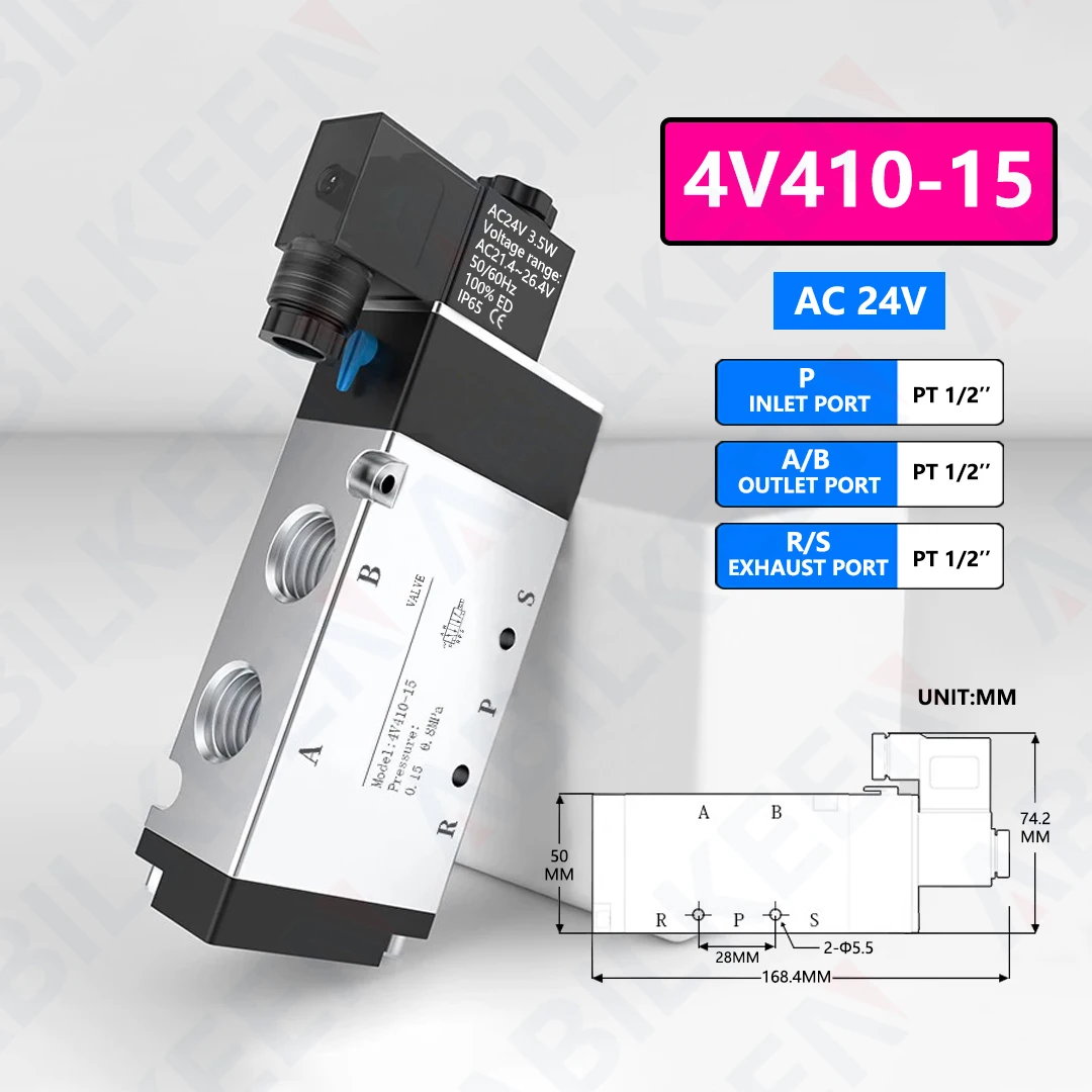 

ABILKEEN 4V410-15 PT 1/2 ''воздушные электромагнитные клапаны, нормально закрытые, 5-ходовой, 2-позиционный, пневматический электромагнитный клапан, 12 В, 24 В, 36 В, 110 В, 220 В