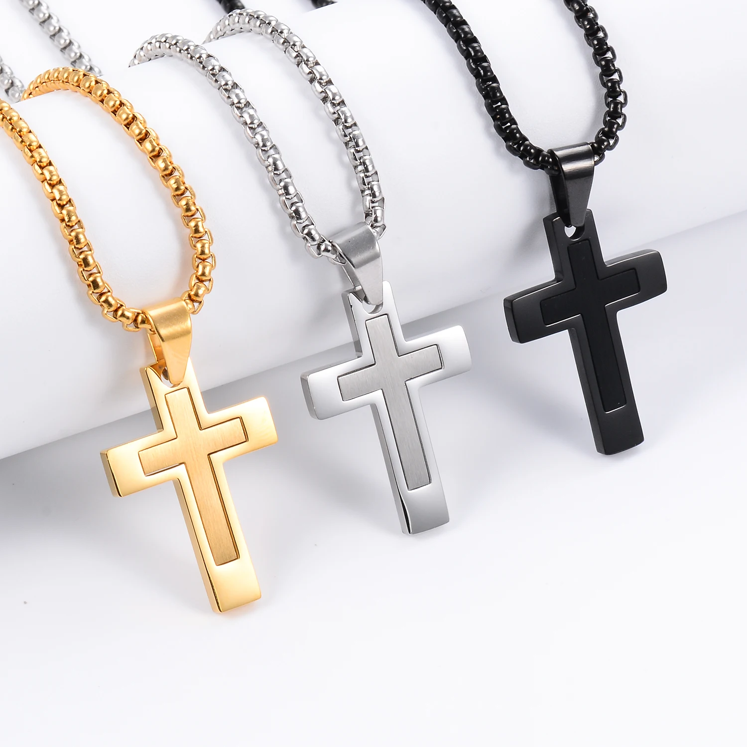 Colgante de Cruz de oración Punk clásico de acero inoxidable Hip Hop para hombres y mujeres, caja de Color plateado/dorado, cadena, regalos de joyería