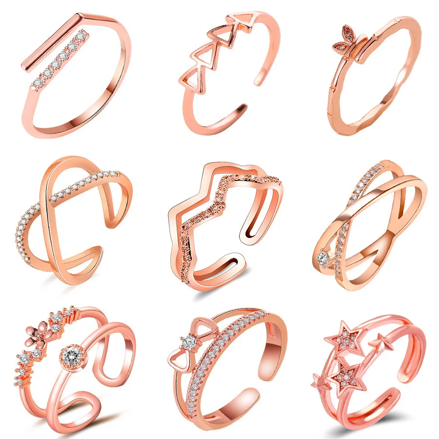 Rose Gold Open Ring Women's Ins Style European and American Creative Design Inlaid Zircon Geometric Index Finger Ring