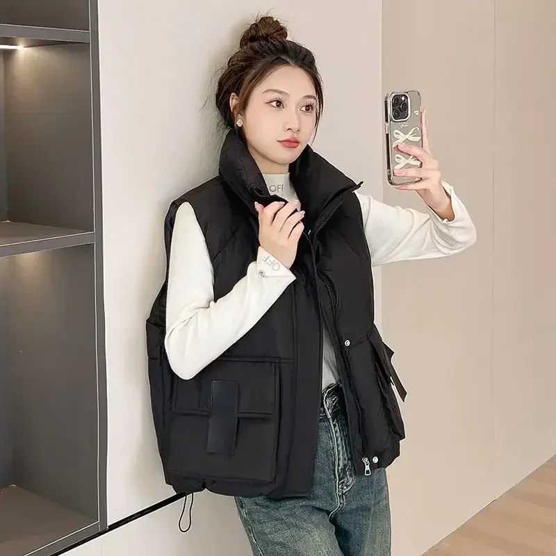 

Half Padded Cotton Waistcoat Woman Stand Collar Short Youthful Insulated Sleeveless Vest for Women Winter Clothing Korean Style