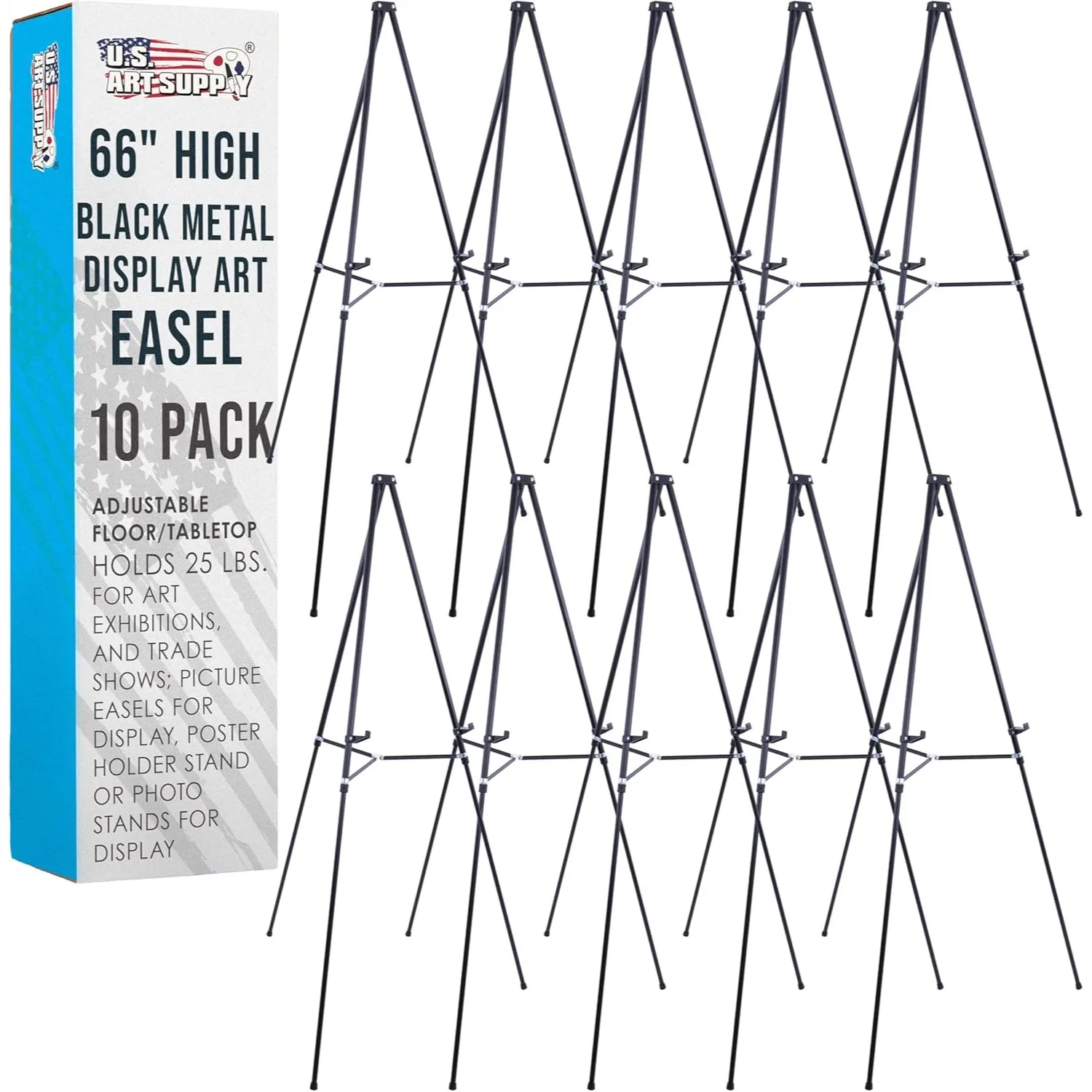 

66" Black Metal Display Art Easel, 10 Pack - Heavy Duty Adjustable Floor Easel Stand Holds 25 lbs for Signs & Artwork