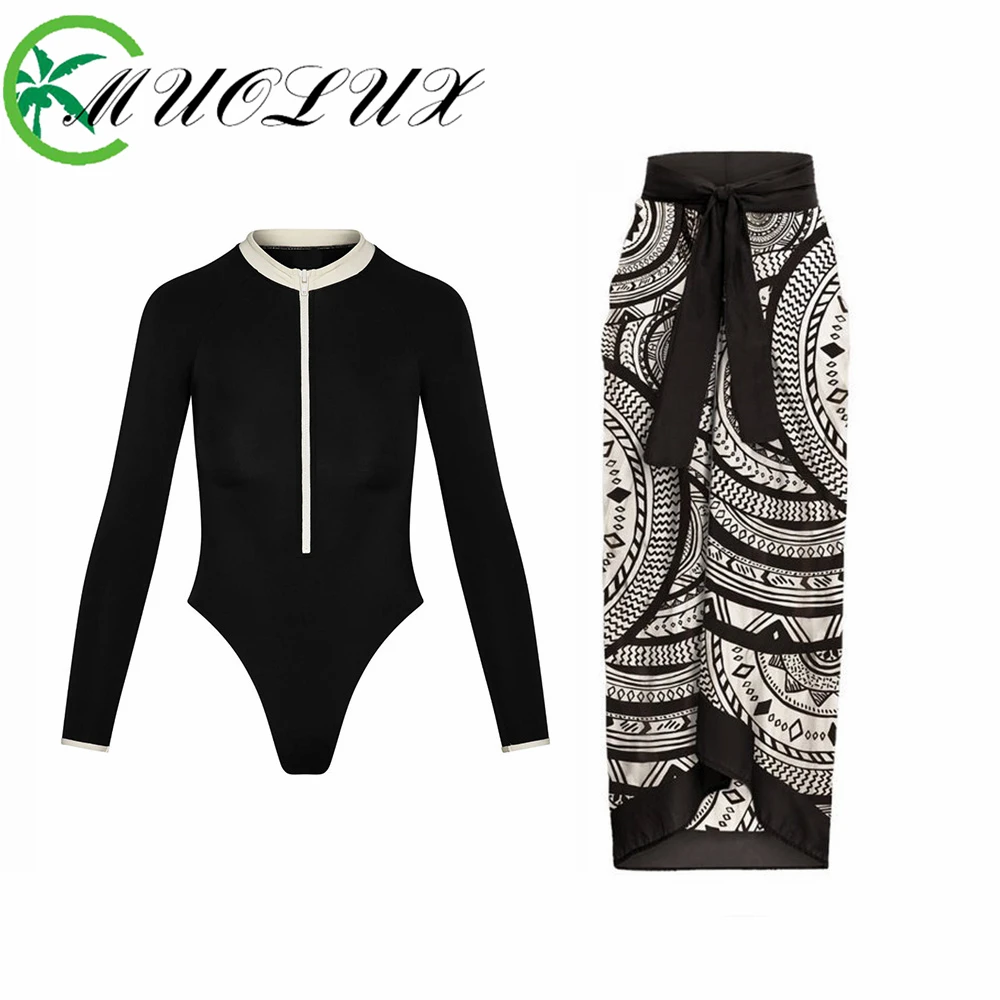 

MUOLUX Classic Solid Color One-piece Swimsuit 2024 New Long Sleeved Zipper Surfing Suit Triangular Women's Swimsuit Beach Wear