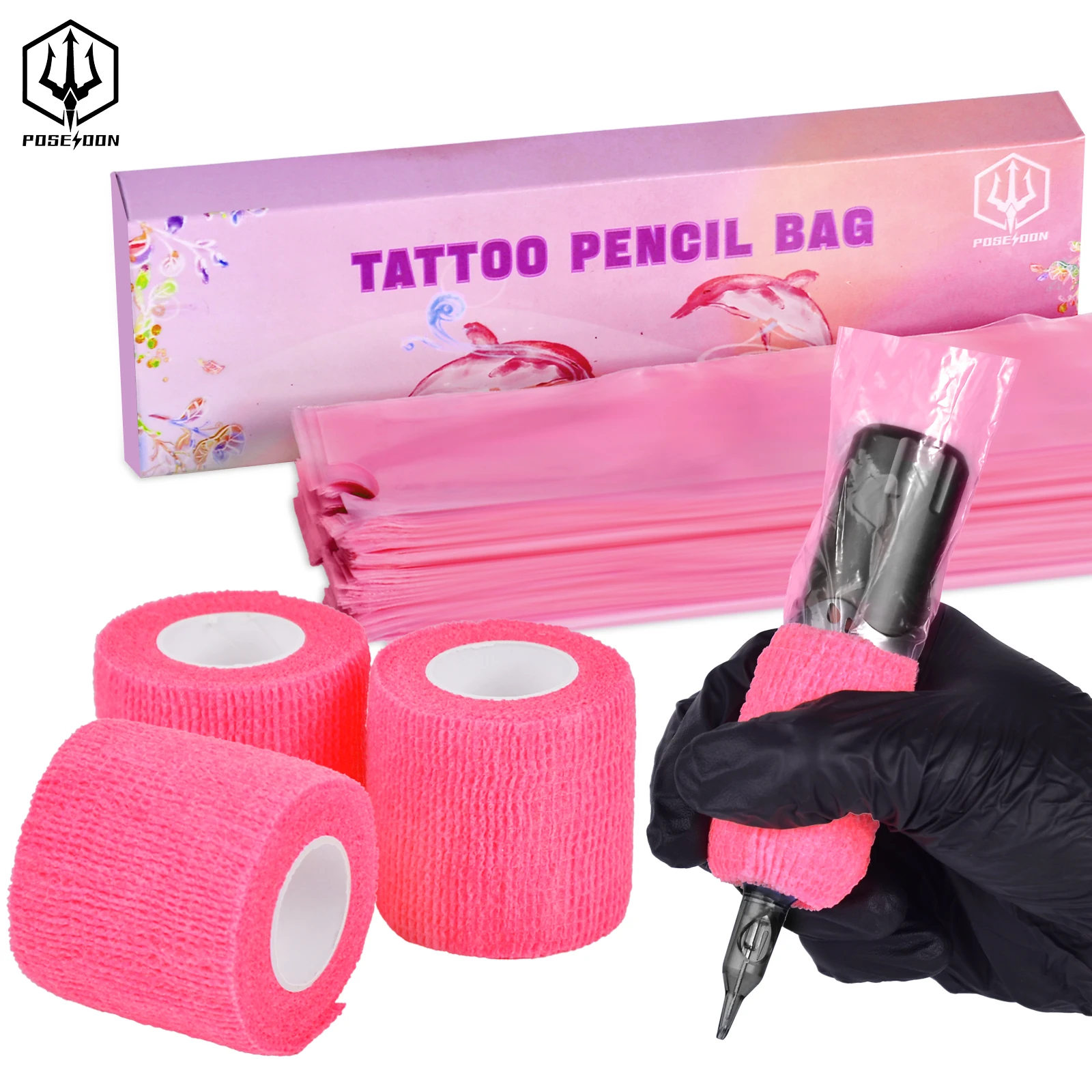 POSEIDON Tattoo Pencil Sleeve Bag Covers 200Pcs and 3Pcs Pink Bandage Practice Taattoo Sets Microblading Supplie for Artists