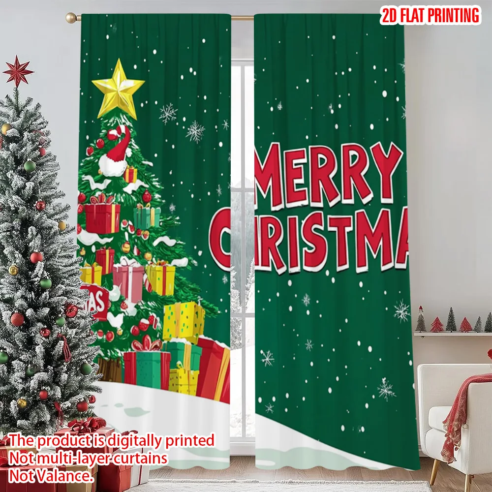 

2pcs 2D flat printing Christmas Window Curtains Merry Christmas happy Versatile Polyester Without Electricity Festive Curtains