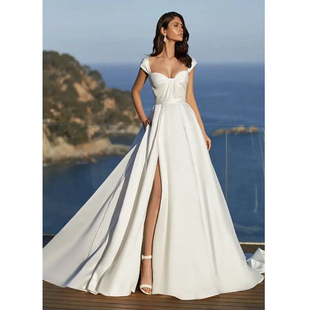 Elegant Classic White Women Prom Dresses Sweetheart Cap Sleeves Floor Length A-Line Side Split Female Wedding Party Gowns