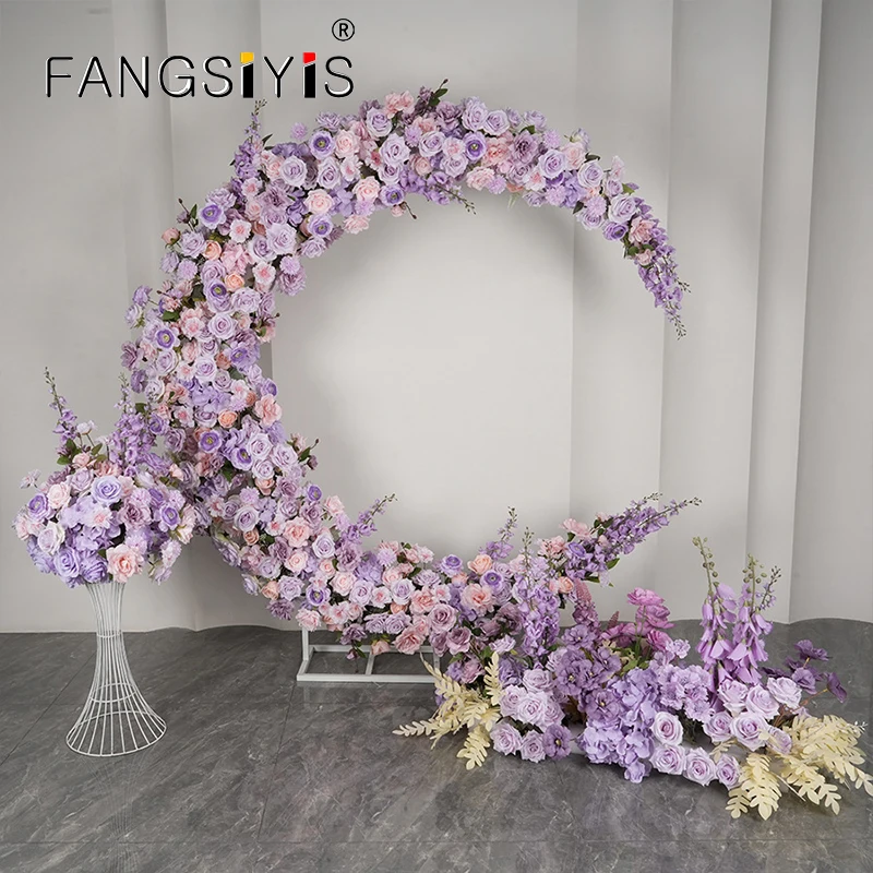 

New Pattern Moon Shape Arch Add purple Pink Artificial Rose Flower Row Wedding Backdrop Decor Floral Stand Party Road Lead Flowe