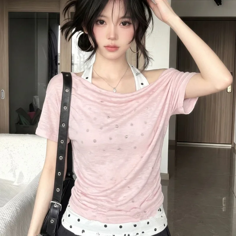 Kimutomo Women Two Piece Sets Short Sleeve T Shirts Off Shoulder Crop Tops Polka Dot Camis Y2k Aesthetic Female Casual Suits