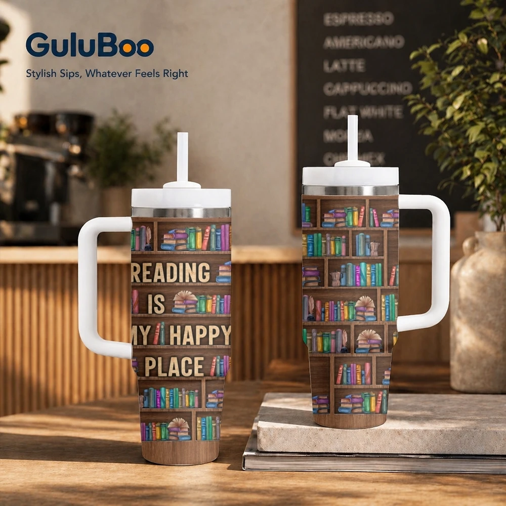 Reading Is My Happiness Vacuum Flasks 40oz Stainless Steel Insulated Tumbler With Handle & Straw Leakproof Travel Mug