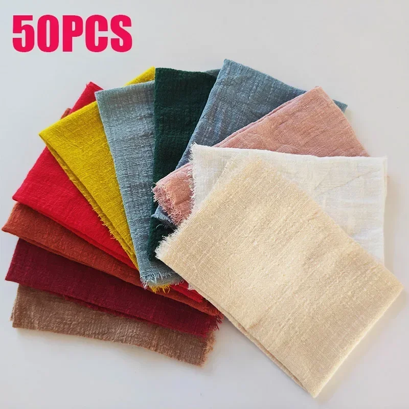 50PCS Scandinavian Style Tassel Cotton Dining Cloth Hand Torn Raw Edge Napkins Western Food Mouthcloths 30x30CM