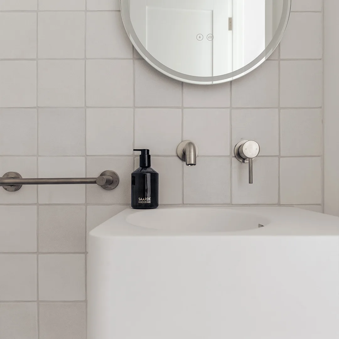 Minimalist, brushed nickel, stainless steel color, into the wall, pre-embedded, basin faucet, minimalism