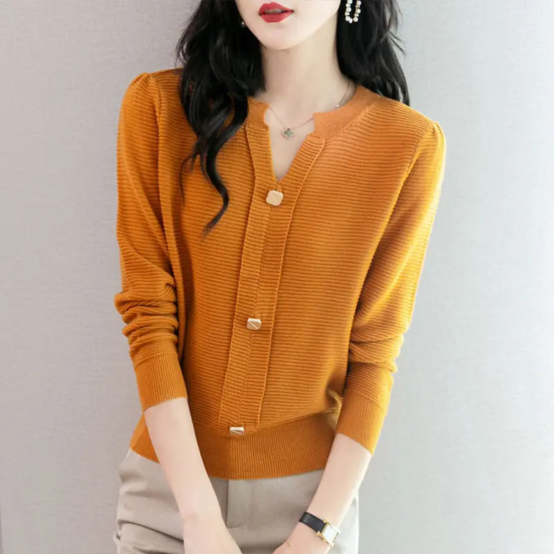 2023 Autumn Winter New Solid Color Fashion V-neck Sweater Women High Street Casual Loose Button Korean Style All-match Pullovers