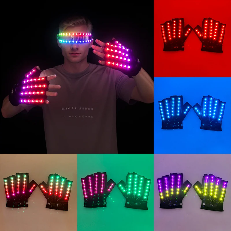 LED Luminous Remote Control Colorful Gloves Night Club Stage Show DJ Performance Glowing Cheer Props Fluorescent Gloves