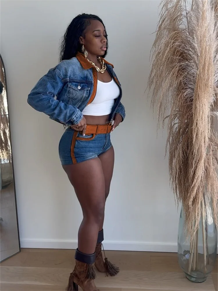 Kliou Vintage-Stil Denim 2-teiliges Set Frau Kontrastdesign Reißverschluss Polo-Ausschnitt Crop Jacke + Skinny Shorts Hottie Street Fashion Outfits