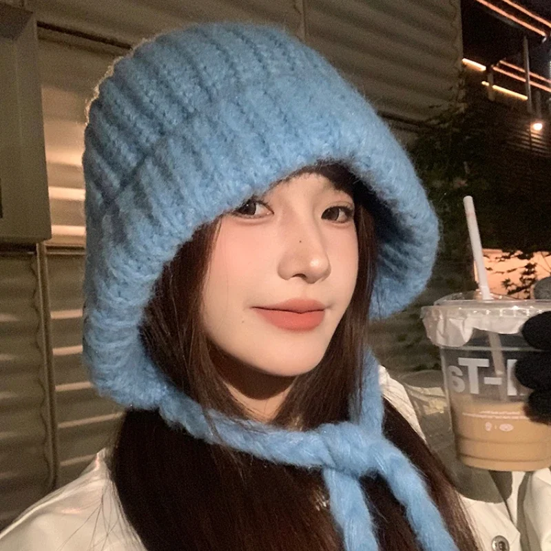 Korean Version Simple Blue Strap Beanies Cap for Women Autumn and Winter Casual Versatile Thermal Ear Protection Pullover Hat