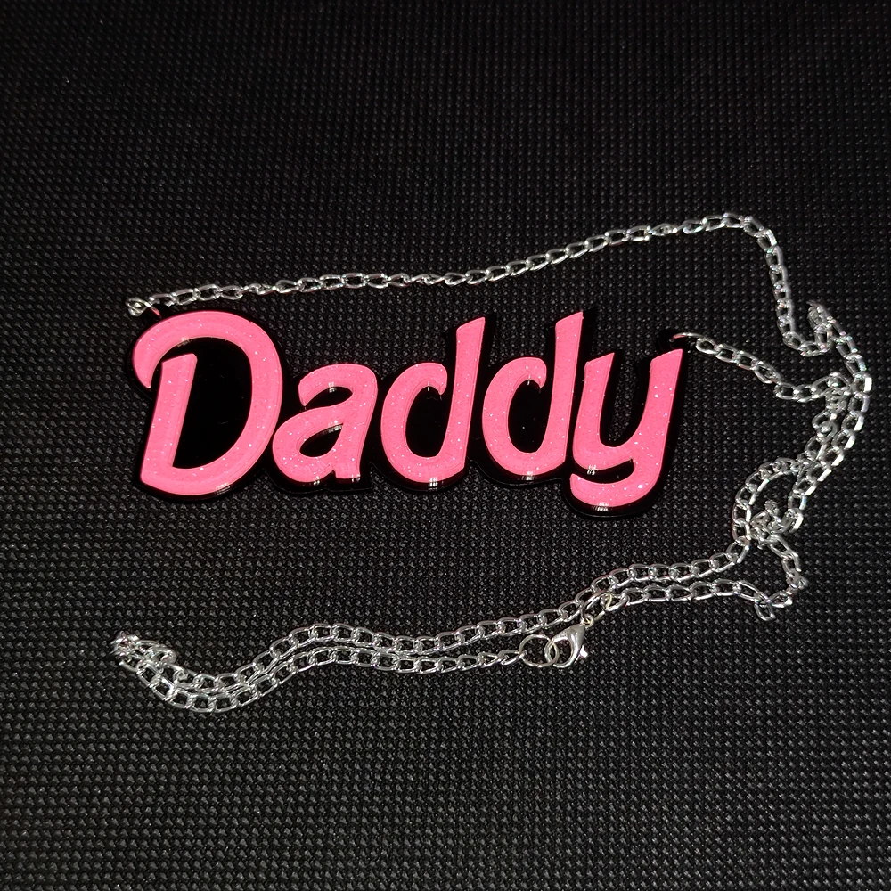 KUGUYS Hot Pink Daddy Pendant Necklace for Women Trendy Jewelry Glitter Fashion Acrylic Letters Sweater Chain