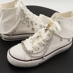 Bling Rhinestone Shoe Chain Shoes Charms Stainless Steel Shoe Decorations Hollow Star Love Pendant Pearl Double Layer Sweet Cool