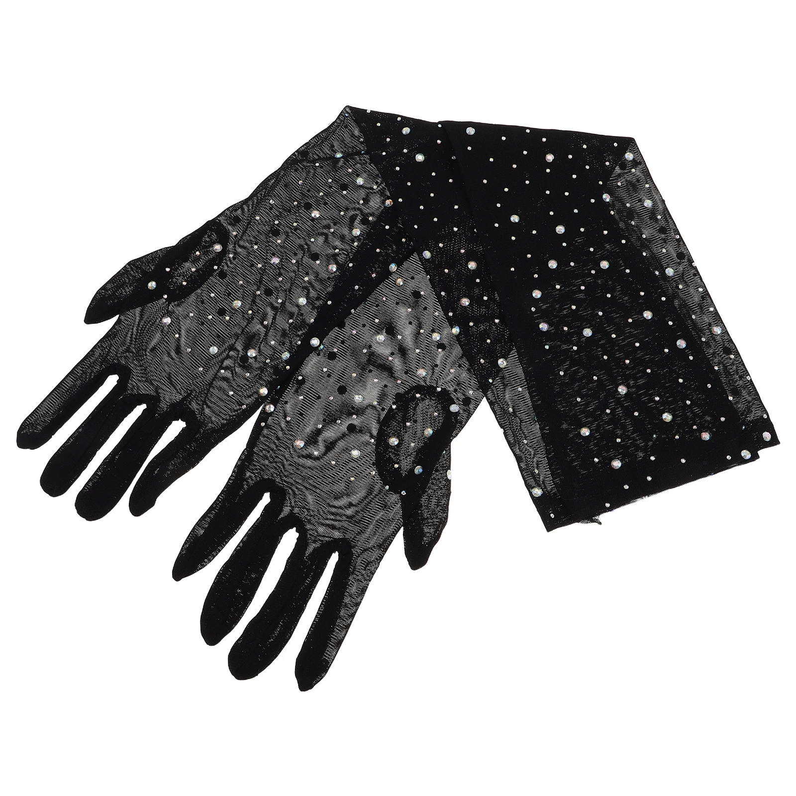 

1Pair Black Sheer Gloves Rhinestone Mesh Tulle Long Stretchy Sparkly Gloves for Women Bridal Wedding Party Evening Halloween