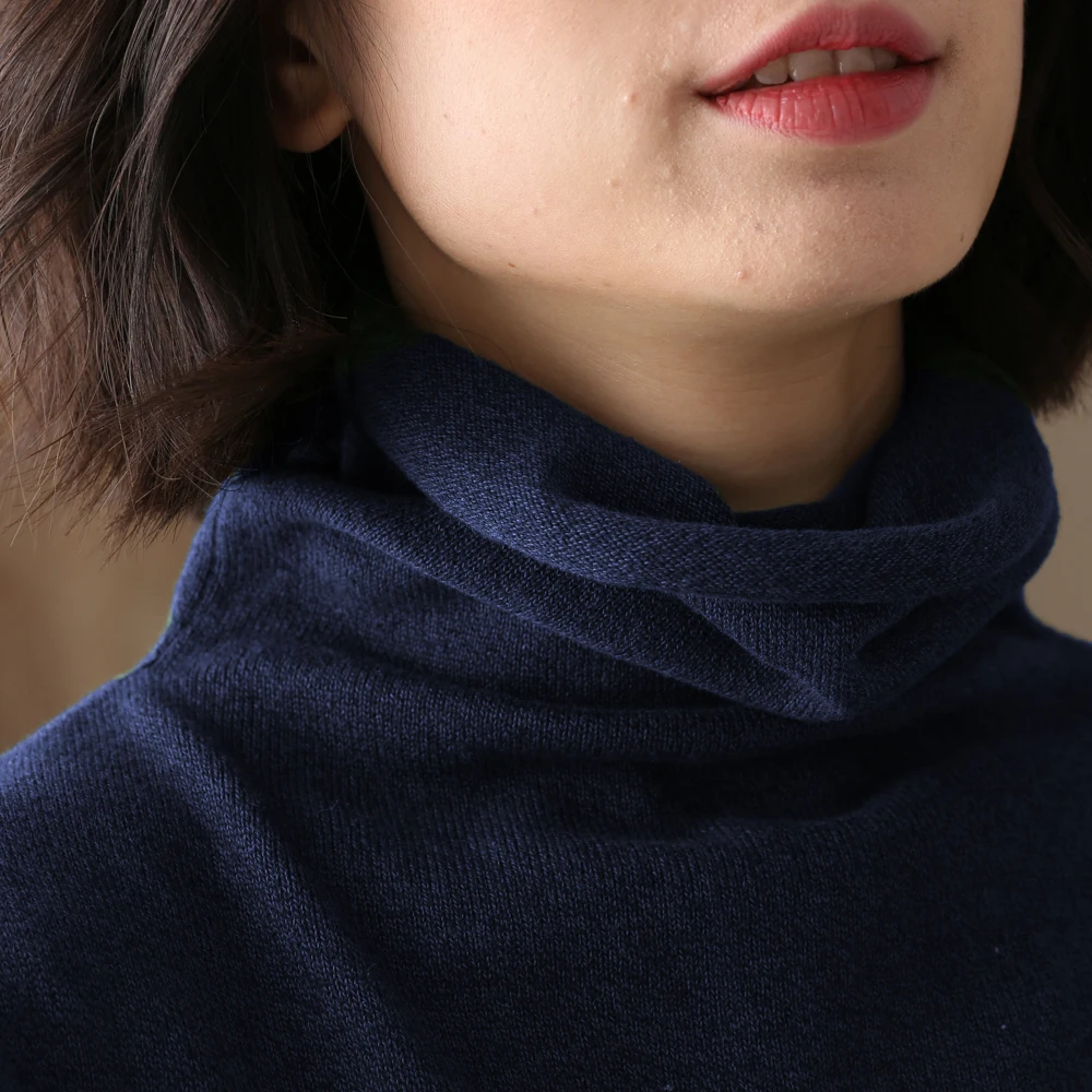 

Женский вязаный свитер из чистого хлопка с высоким воротником, свободный повседневный базовый слой, дышащий, теплый, осенний, длинный, оптом