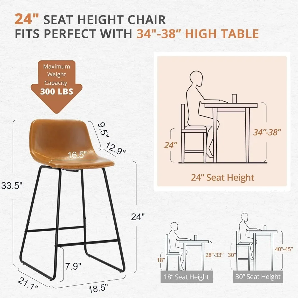 Juego de taburetes de bar de 3, taburetes de bar de piel sintética ALX de 24", taburetes modernos de altura de mostrador con respaldo y patas de metal