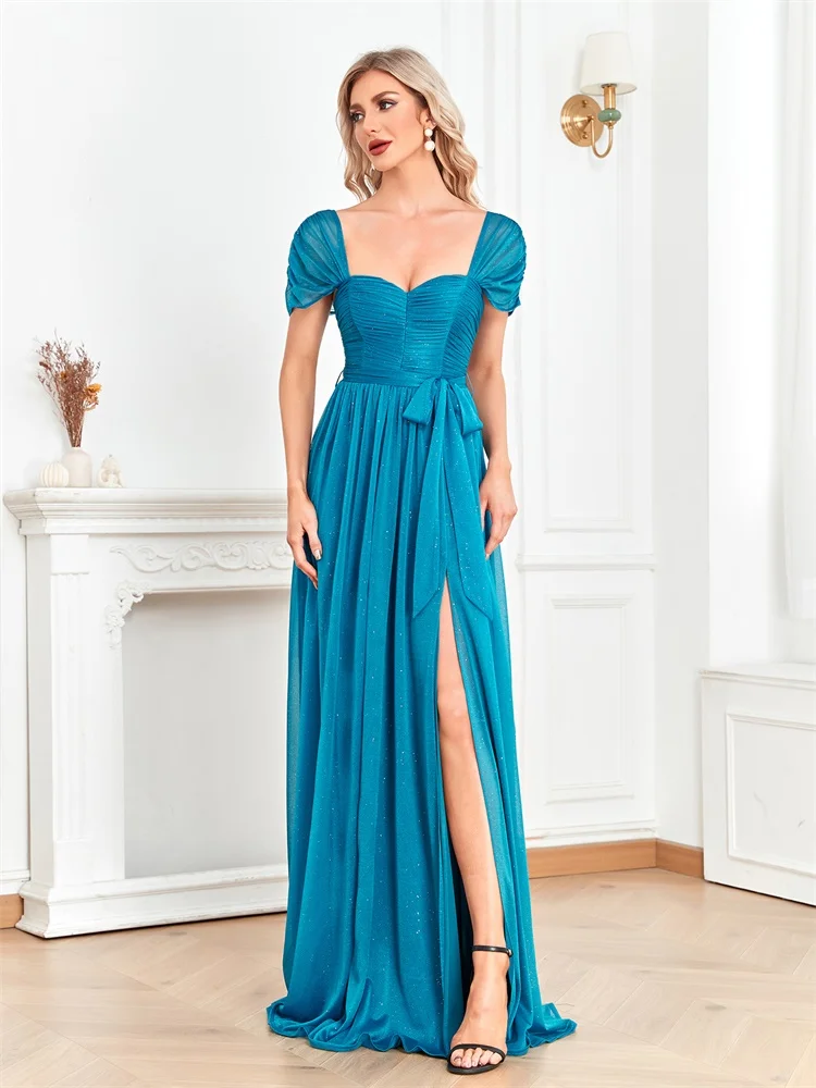 Elegant U-neck Blue Floor Length Evening Dresses luxury sleeveless A-line Bridesmaid Party Cocktail Gowns