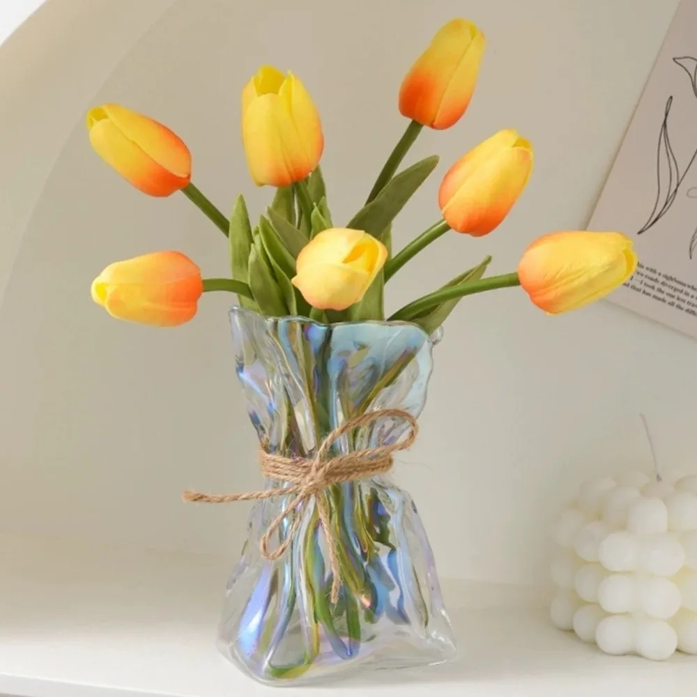 Fashion Transparent Irregular Glass Vase Minimalist Romantic Hydroponic Vase with Rope Art Flower Vase Living Room