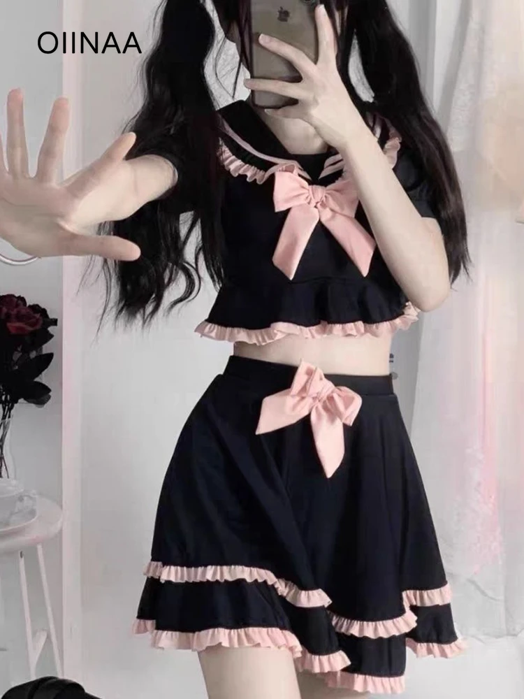 

OIINAA Contrast Color Bathing Suit Women Sailor Collar Short Sleeve Bow Bikini Set High Waisted Ruffled Swimwear Summer 2025 New