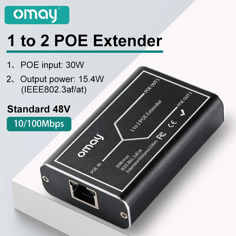 Extensor POE de 1 a 2 puertos, 10/100/1000Mbps, IEEE 802.3af/at estándar de 48V para cámara IP NVR, extensión de 100 metros para rango POE