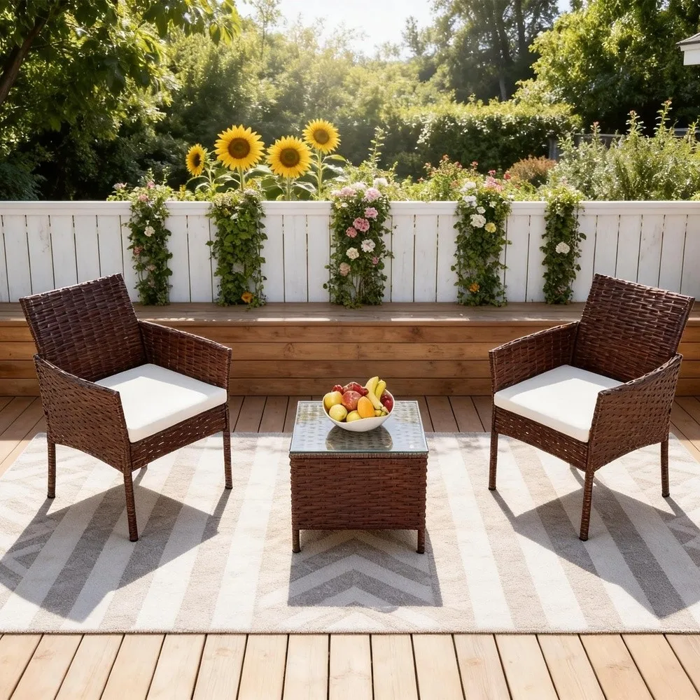 3 Piece Patio Furniture Set Wicker Chairs with Side Table Brown